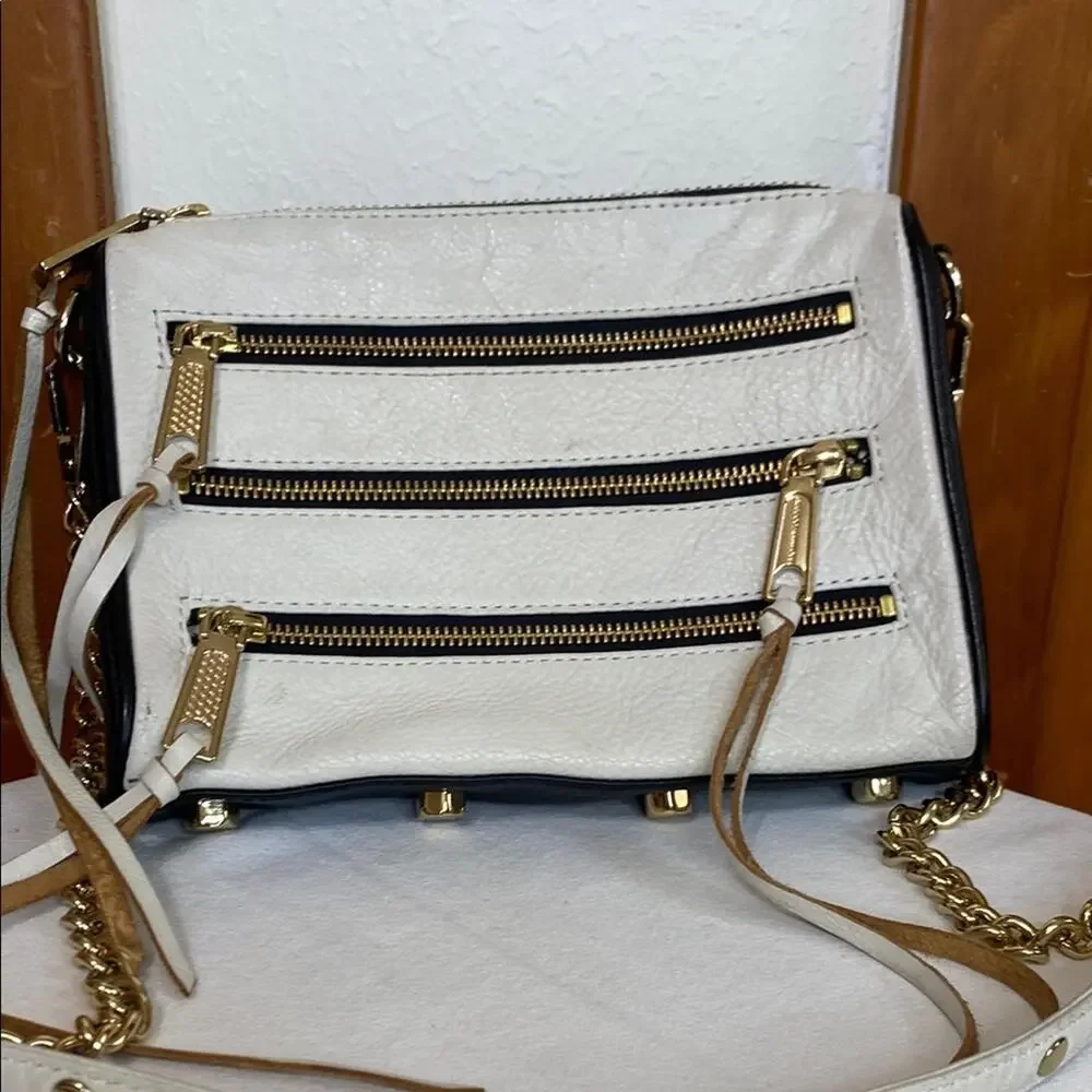 Rebecca Minkoff White Black Leather Bag Tiered Zippers Gold Hardware Crossbody